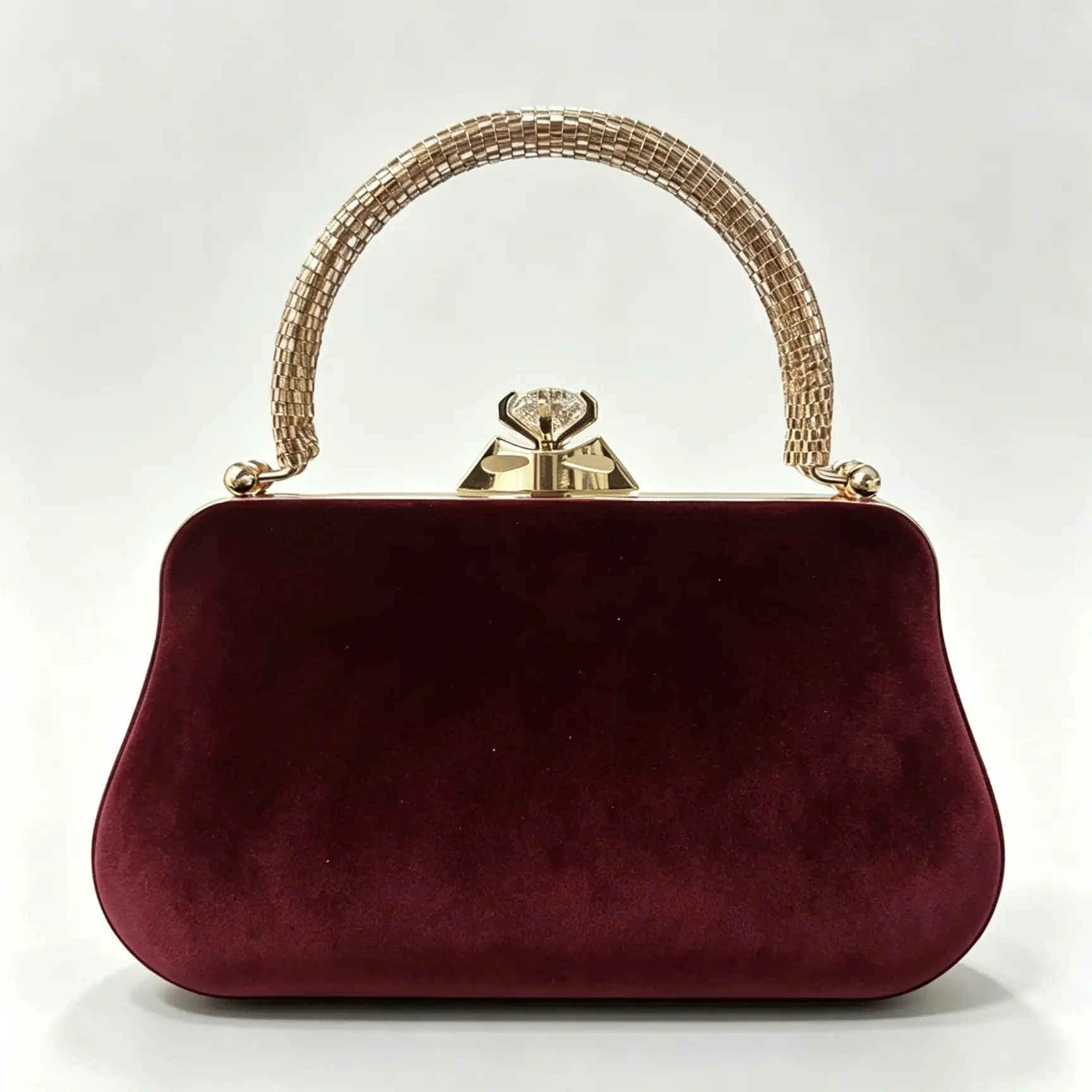 Luxury Wine Red Velvet Evening Handbag, Ladies Crystal Clasp Hard Clutch With Rhinestone Woven Handle, Removable Chain Crossbody Purse For Banquet & Wedding