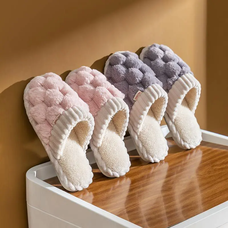 Women Cozy Fuzzy Memory Foam House Slippers Warm Anti-Slip Winter Shoes Cute Bubble Fuzzy Slippers Warm Plush Indoor House Shoes for Women