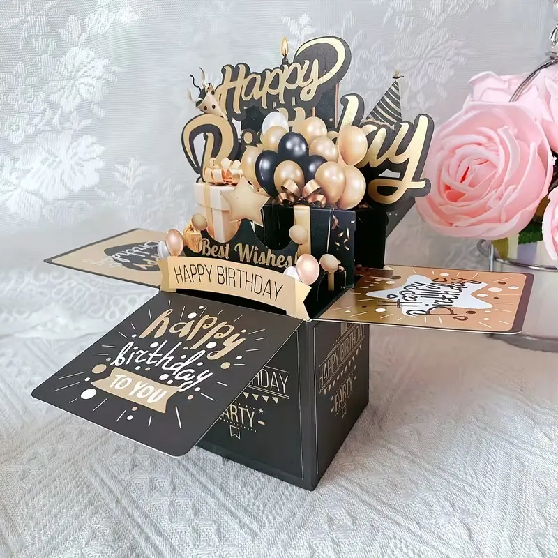 Gold Pop-Up 3D Birthday Card, Handmade Paper Carving Card, Party Gift Decoration, Happy Birthday Card for Him or Her, Pop Up Cards