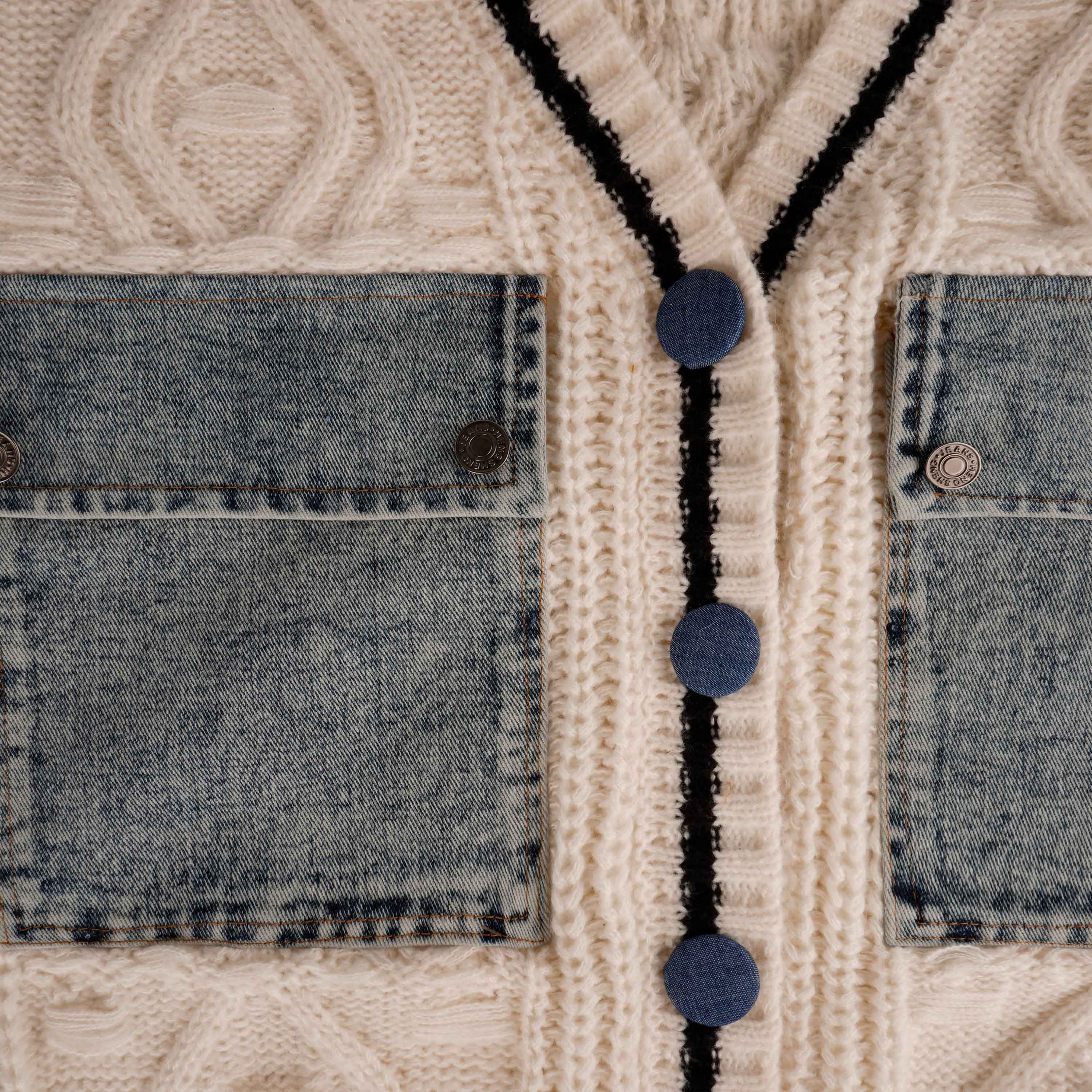 LikeMyChoice Unique Denim Patchwork Cable Knitted Coat Soft Breathable Medium Fit Sweater Jacket for Casual Outings Women's Knitwear Cardigan