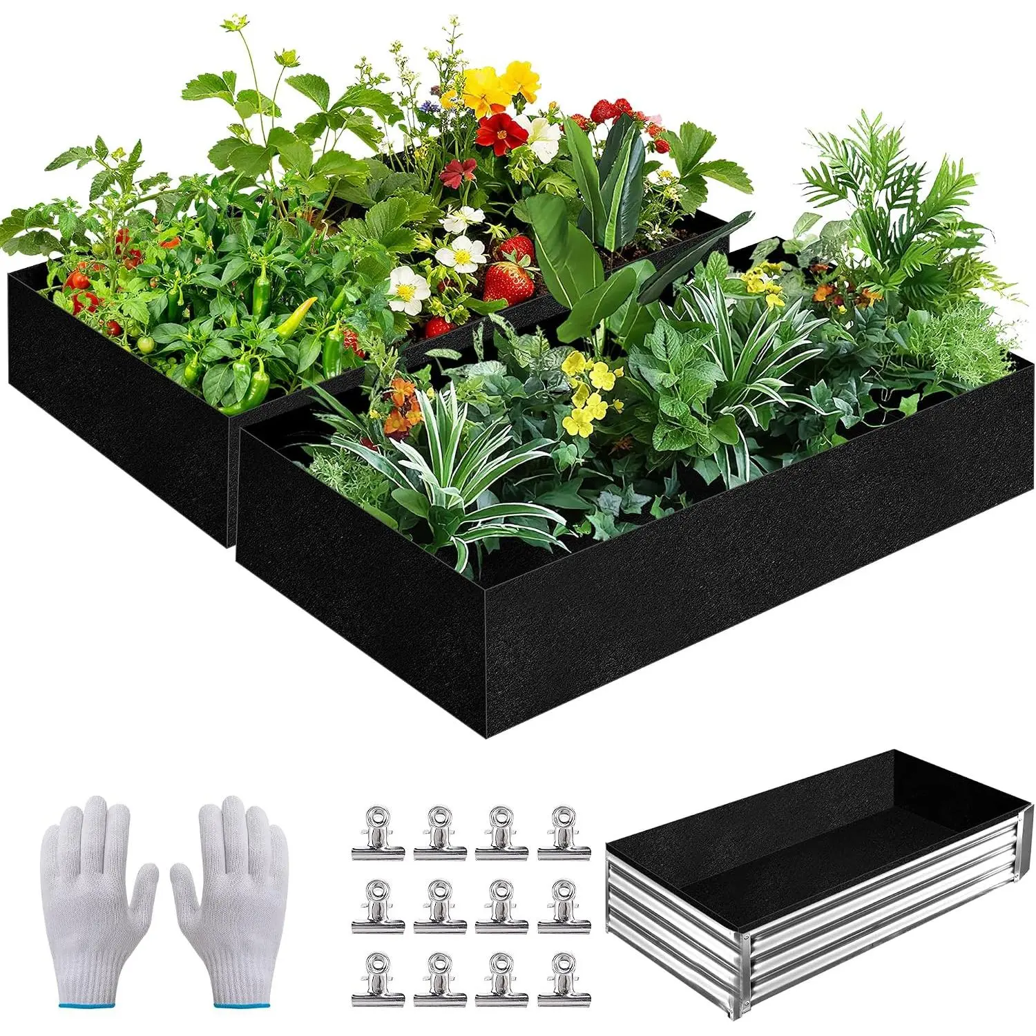 2 Sets 4 x 2 x 1 ft Raised Garden Bed Liner Bag, Breathable Grow Bed Fabric Liners with Clips and Gloves, Garden Box Non Woven Bag for Outdoor  Growth Keep Soil Isolation (No Garden Bed)