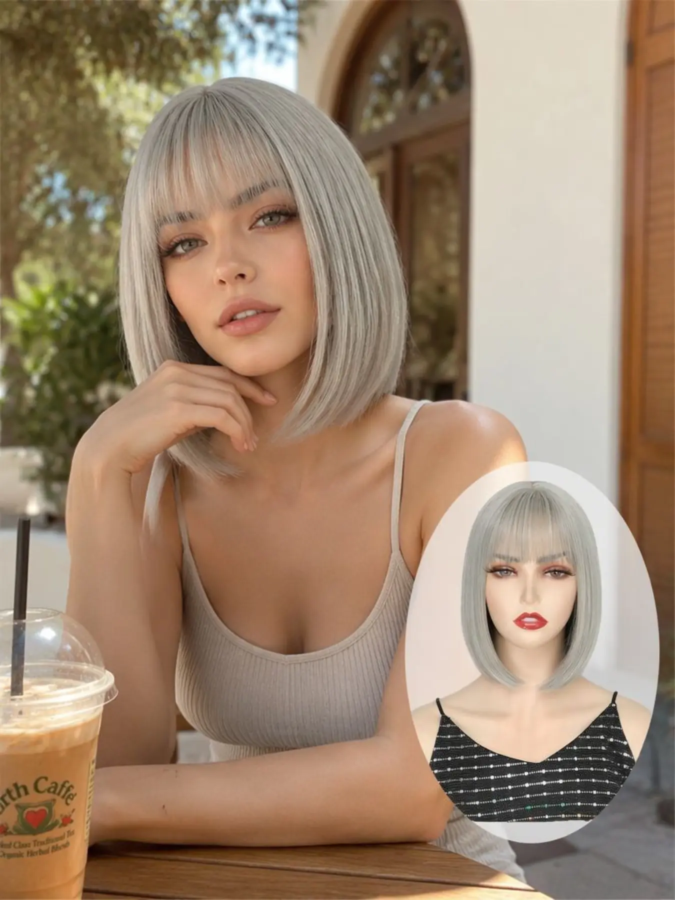 Short gray bob hairstyle with bangs - Women's short gray bob hairstyle (with bangs) - 10-inch chin-length, natural appearance, soft texture synthetic fiber wig, suitable for daily wear, Halloween and party looks