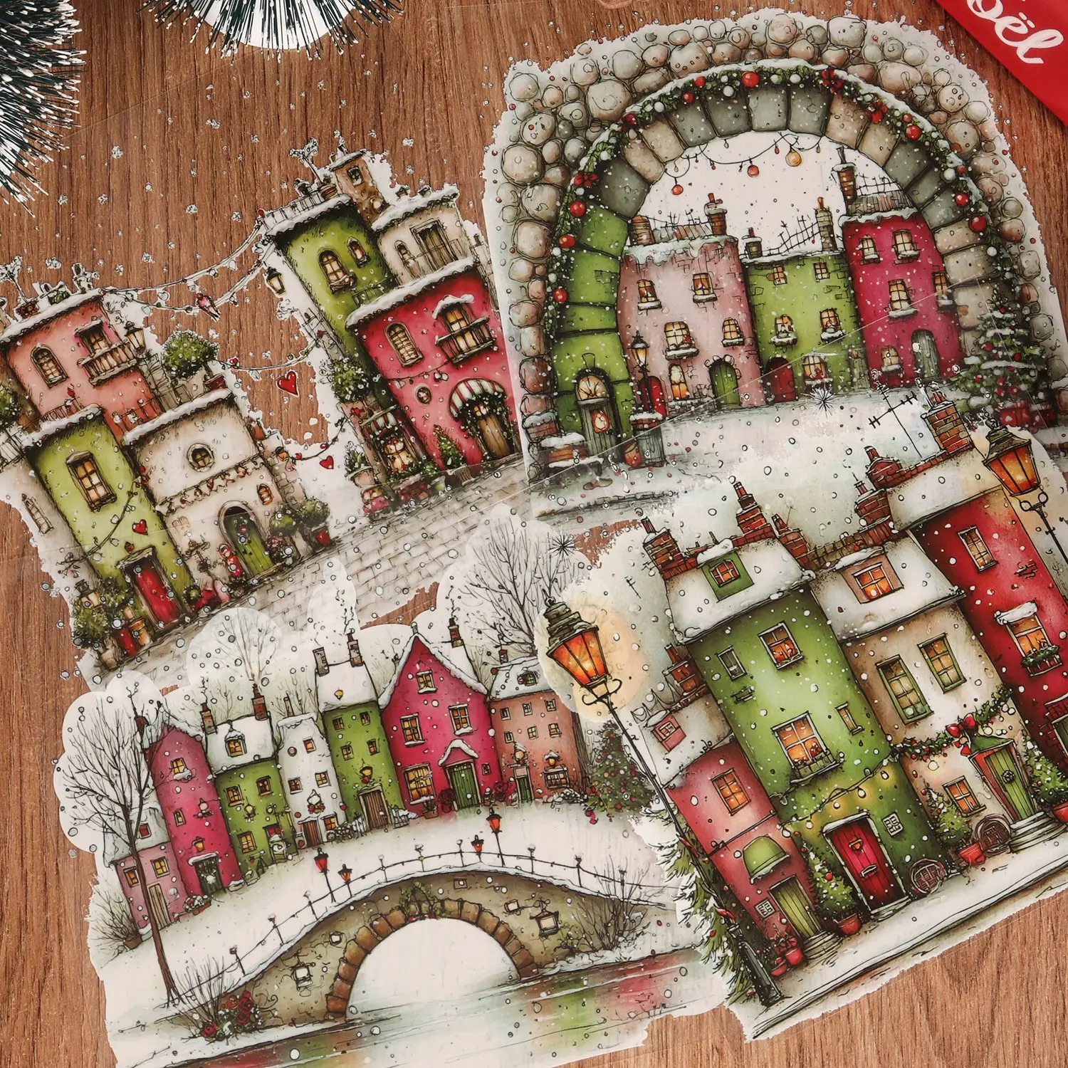 24sheets(5.51*5.51in)PET Transparent Watercolor Christmas Town Self-adhesive Scrapbook Sticker, with Old Streets and Houses, DIY Background Decals, for Glass Decor, Scrapbooking Supplies, Junk Journals, Stickers For Journaling