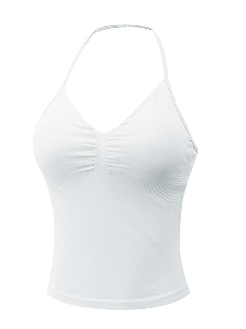 Women's Solid Halter Removable Chest Pad Sports Singlet, Sporty Backless Sleeveless Top for Yoga Gym Workout, Ladies Sportswear for Summer Gym Tops