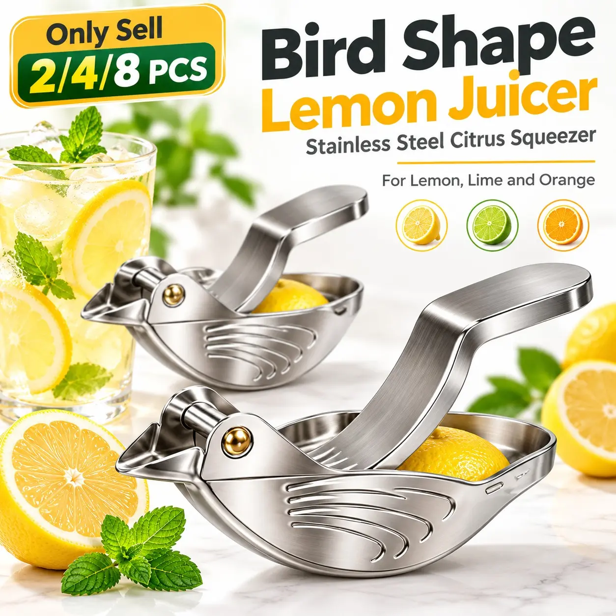 2/4/8 Pcs Stainless Steel Bird Shape Lemon Juicer, Bird Lime Squeezer with Pour Spout, Handheld Citrus Press for Lemon, Lime and Orange, Compact Kitchen Fruit Squeezer for Home, Cooking, Baking, Drinks and Daily Use