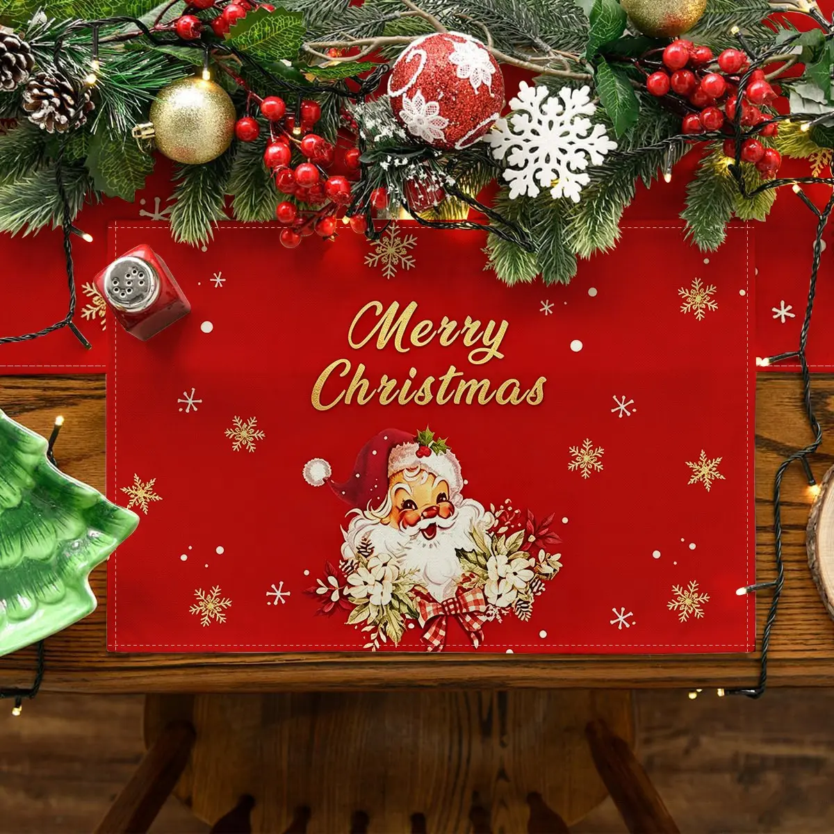 4/5/6/7‑Piece Christmas Table Runner & Placemat Set, Classic Red Merry Christmas Santa Claus Printed Decorative Placemats, Heat‑Resistant Table Mats for Christmas Party & Gathering, Festive Indoor & Outdoor Christmas Table Decorations