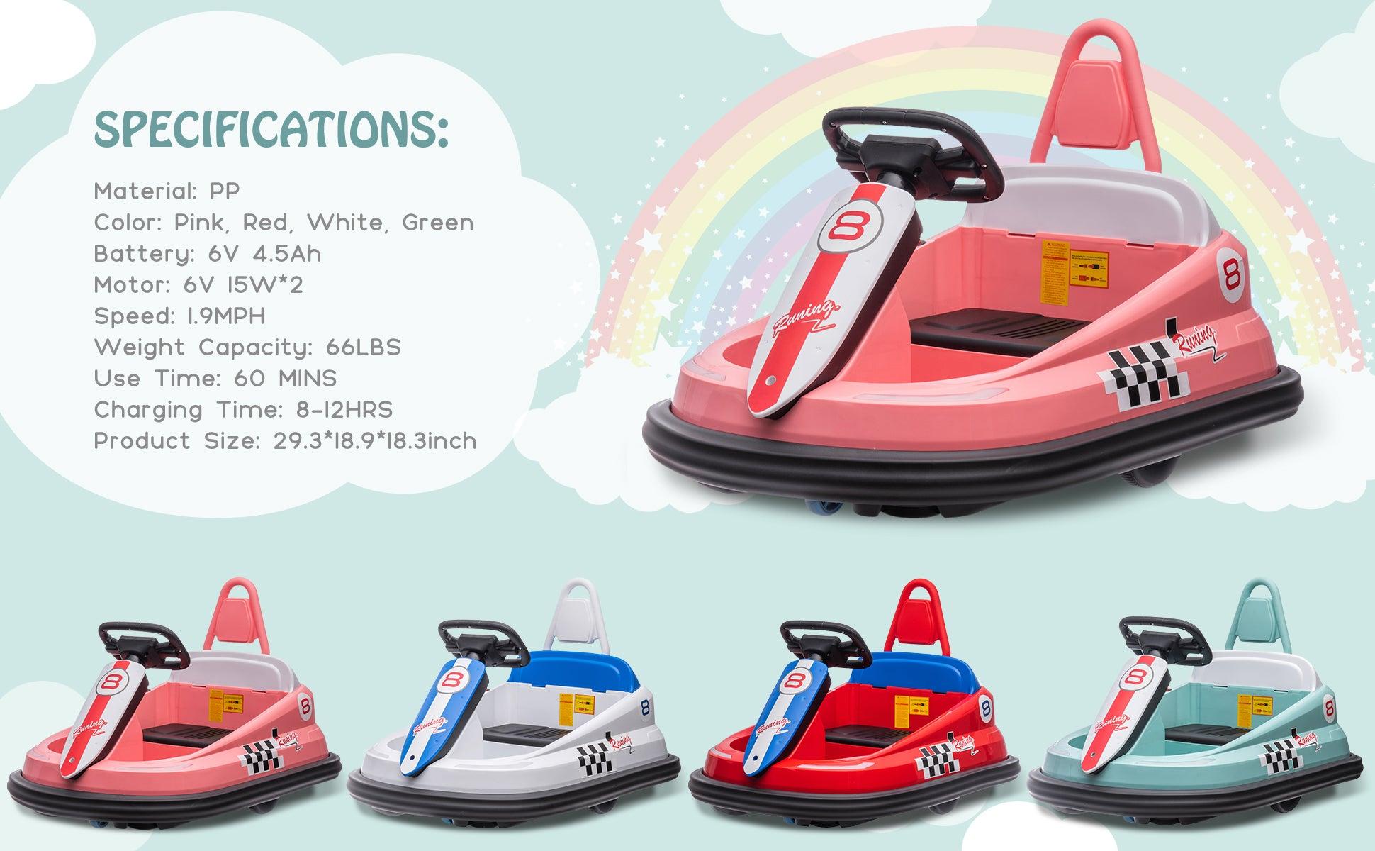【GARVEE】Electric Ride-On Bumper Cars for Toddlers Ages 1.5-6 with Steering Wheel, Safety Belts, 360 Degree Spin, 2 Speeds, Lights, Music & Horn. Available in Red, Pink, White, and Green.