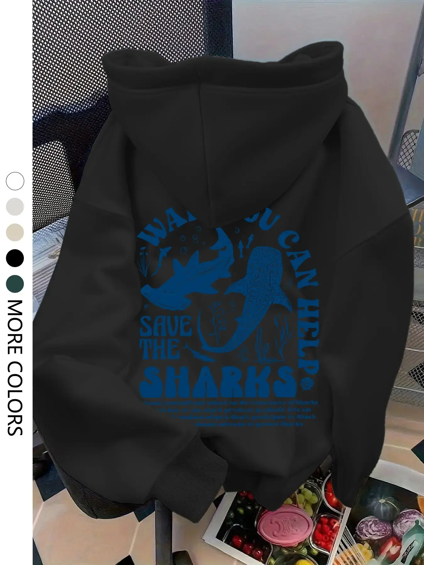Vintage Shark Print Hoodie, Loose Fit, Soft Knit Fabric, Casual Style, Spring & Fall Wear, Multiple Colors Available