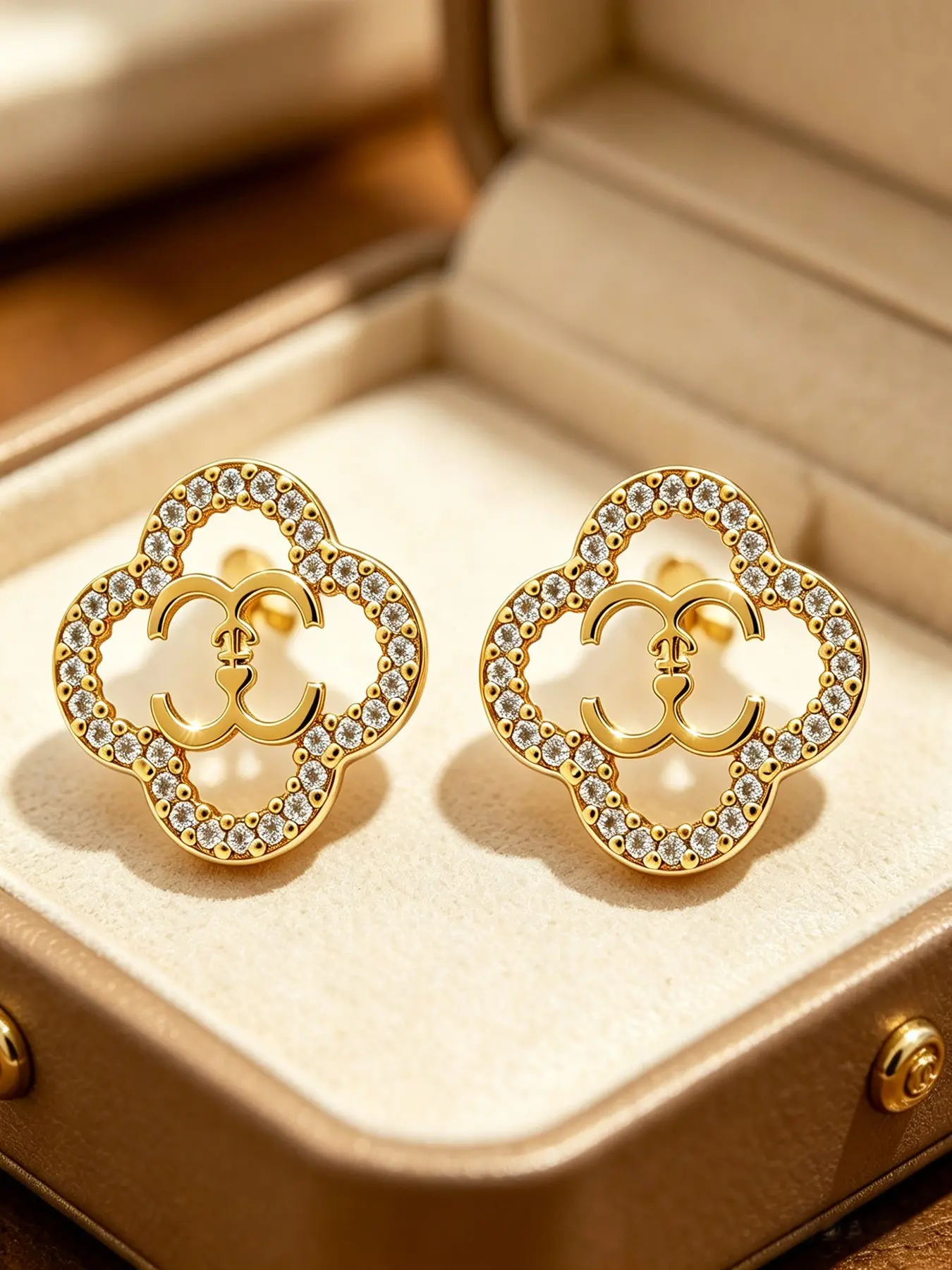 1 Pair of Luxury 18K Gold-Plated Copper Hollowed Four-Leaf Clover Earrings, Women's Sparkling Cubic Zirconia Double C Studs, Low-Allergenic Jewelry for Daily Wear and Gifting