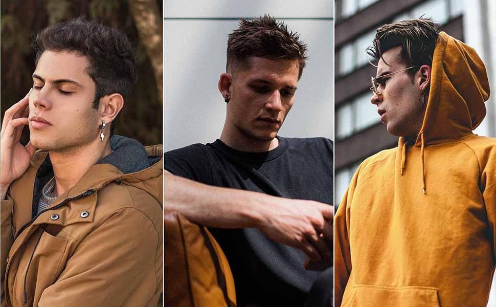 FINREZIO 25 Pcs/Set Men Clip on Earrings Stainless Steel Cross Chain Dangle Earrings Black Fake Earrings for Men Women Non Pierced Huggie Hoop Earrings Set Daily