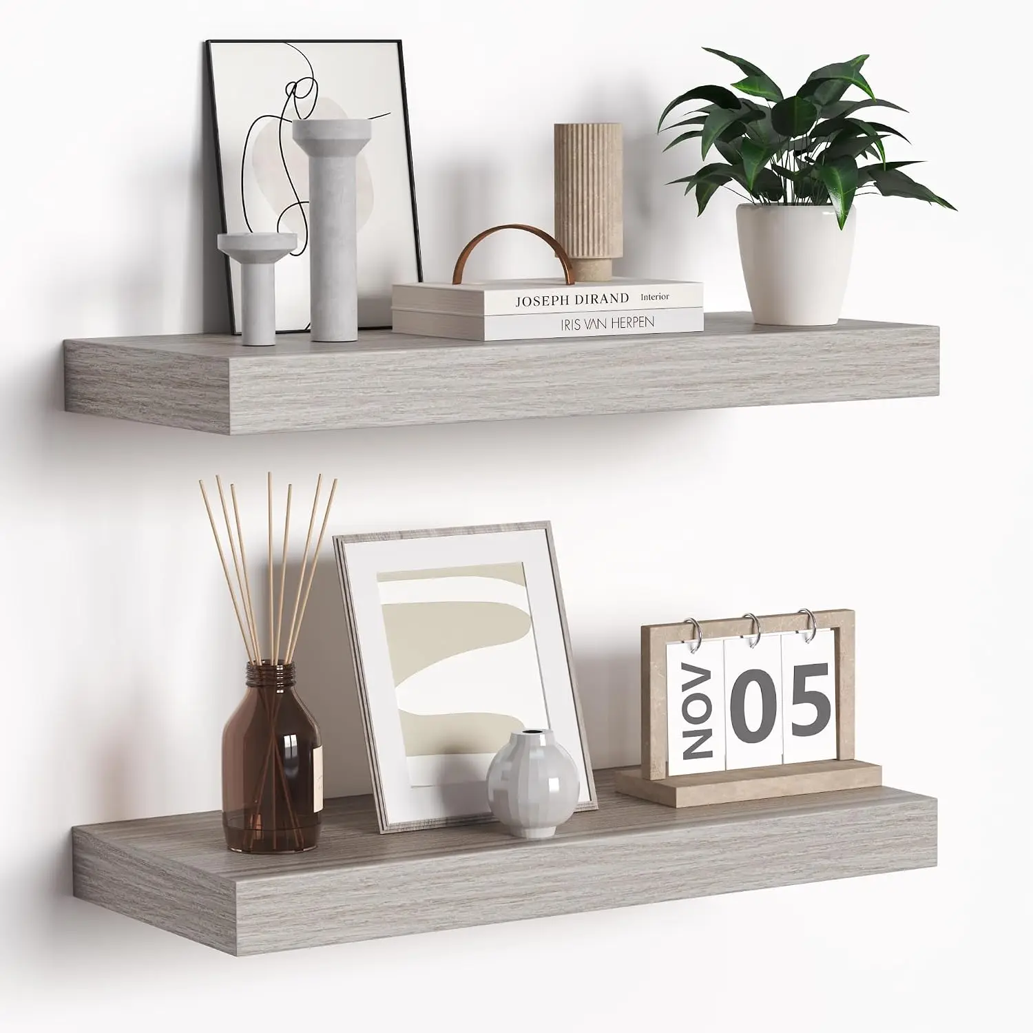 Floating Shelves - Rustic Grey Shelf Set of 2 - 16 Inch Wall Mounted Shelves for Wall Decor & - Wooden Shelves with Invisible Brackets for Living Room, Bedroom,, Farmhouse