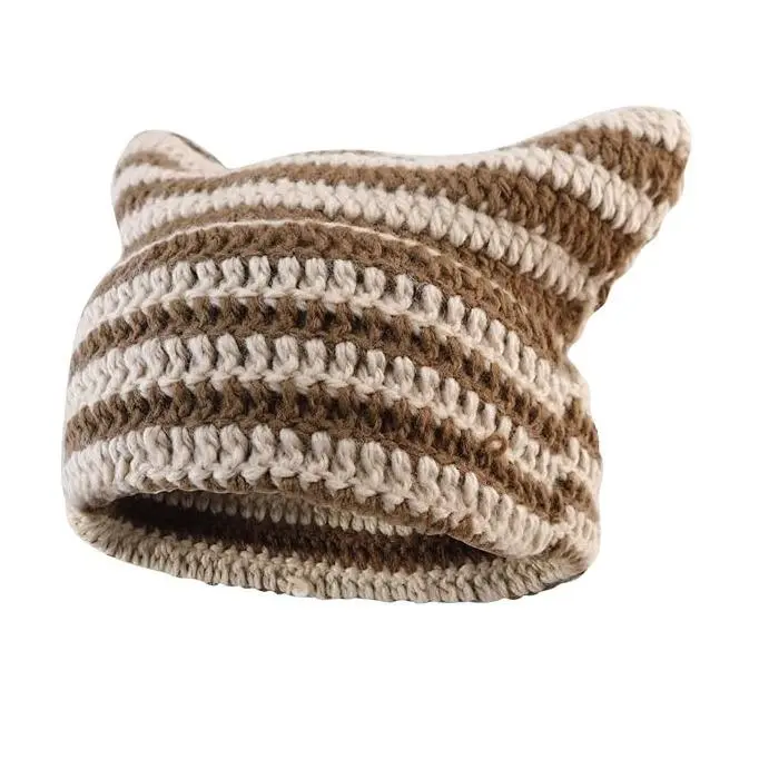 Unisex Y2K Cat Ear Crochet Knitted Hat - Soft Acrylic Winter Slouchy Kitsch Beanie, Cute Design, Comfortable Soft Material, Elastic Secure Fit, Casual Cozy All Day Versatile Wear