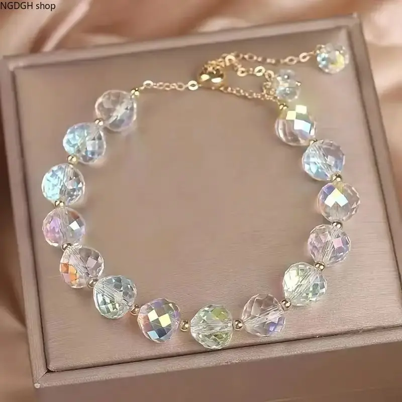 Iridescent Crystal Bead Bracelet, Adjustable Size Jewelry Accessory for Sports & Outdoor Daily Wear