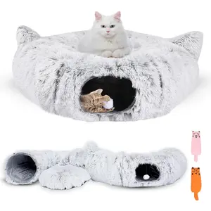 3-in-1 Cat Tunnel Bed Cave, Foldable Furry Donut Tunnel with Catnip Interactive Toys, 32" Washable Peekaboo Hideaway for Indoor Cats Kittens, Father's Day Graduation Gifts