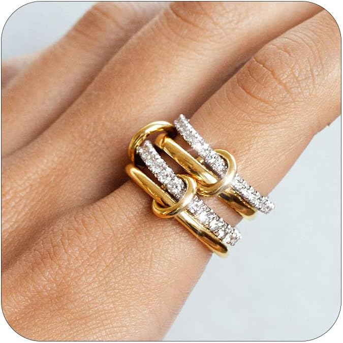 Stackable Gold Rings for Women 18K Gold Plated Interlocking Ring Stack Set Gold Silver Mixed Metal Statement Rings Waterproof Dainty Cubic Zirconia CZ Fashion Connected Band Thumb Ring Size 4-11 Jewelry Gift for Women