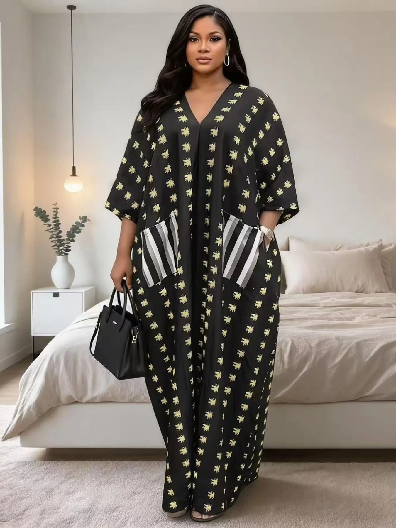Plus Size V Neck Batwing Sleeve Striped Pocket Boubou, Cute Lady Long Robe, Sexy Backless Bow Loose Dress, Summer Beach Print Kaftan