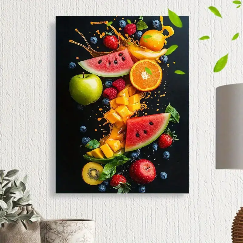 Fruit-Themed 2D Vibrant Colorful Wall Decor Poster with Wooden Frame - Ready-to-Hang Home Decoration for Bedrooms, Living Rooms