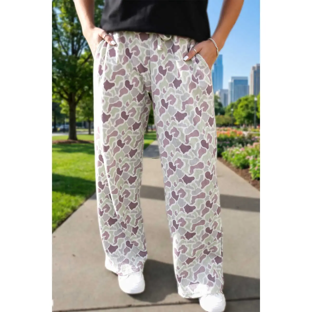 Green Camo Print Drawstring Waist Loose Fit Full Length Pants
