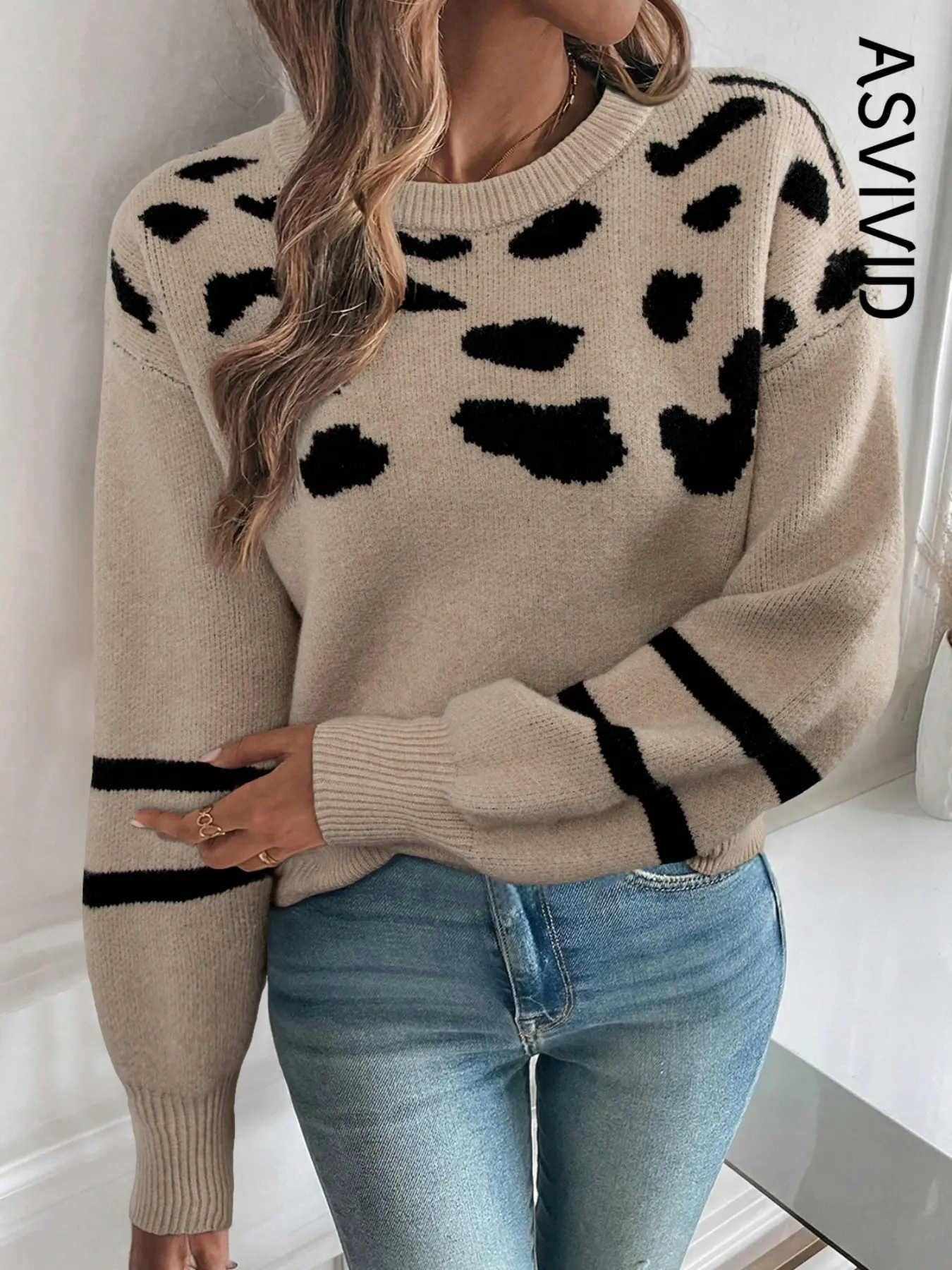 Women's Casual Leopard Striped Detail Drop Shoulder Long Sleeve Sweater Pullover, Spring & Fall Fashion, Comfortable and Stylish