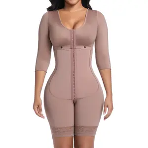 Women's Three-Quarter Sleeve Soft Knit Fabric Round Neck Underwear Shapewear Shaper Bodysuit, Front-Button Design with Dual Buckle Closure, Strong Waist-Cinching Effect, Fall and Winter Essential