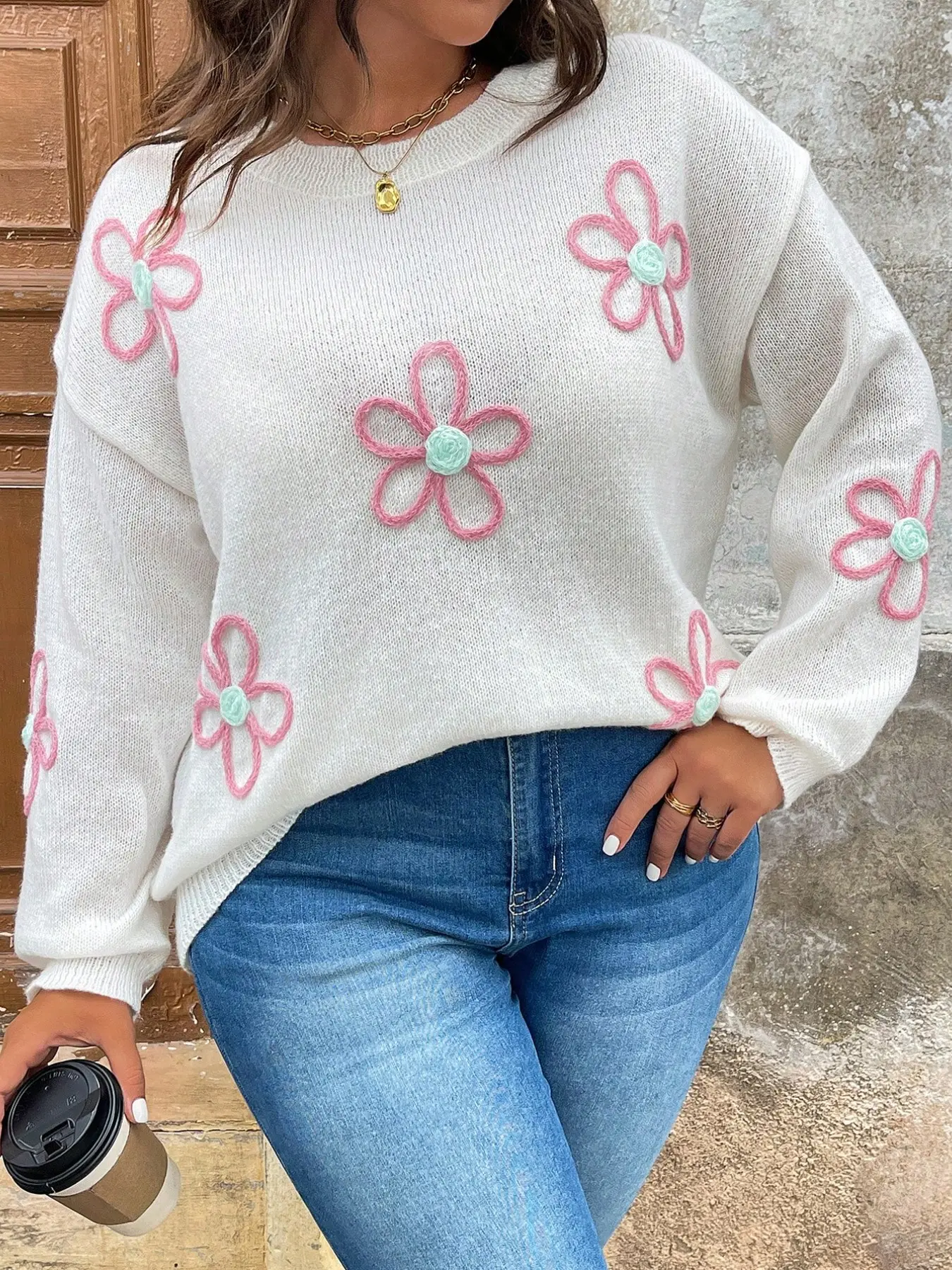 【Plus Size】 Floral Pattern Flower Drop Shoulder Sweater Pullover, Casual Long Sleeve Round Neck Jumper for Fall & Winter, Women's Plus Clothing for Daily Wear