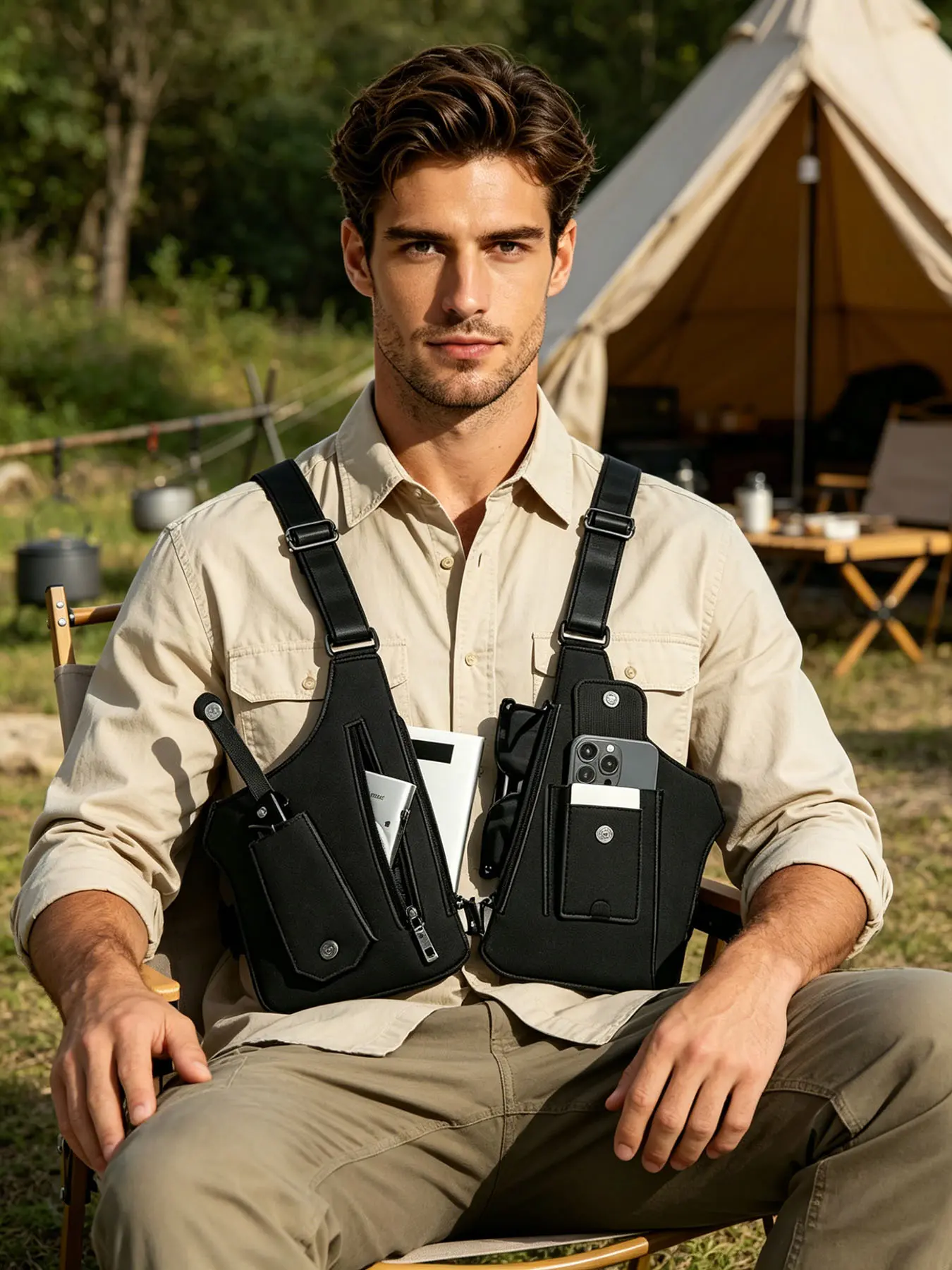 Vintage Street Outdoor Chest Harness Bag, Fashion Layered Multi Pocket Utility Pack, Durable Lightweight Travel Bag for Wild Camp Hiking Tour Daily Outdoor Outing