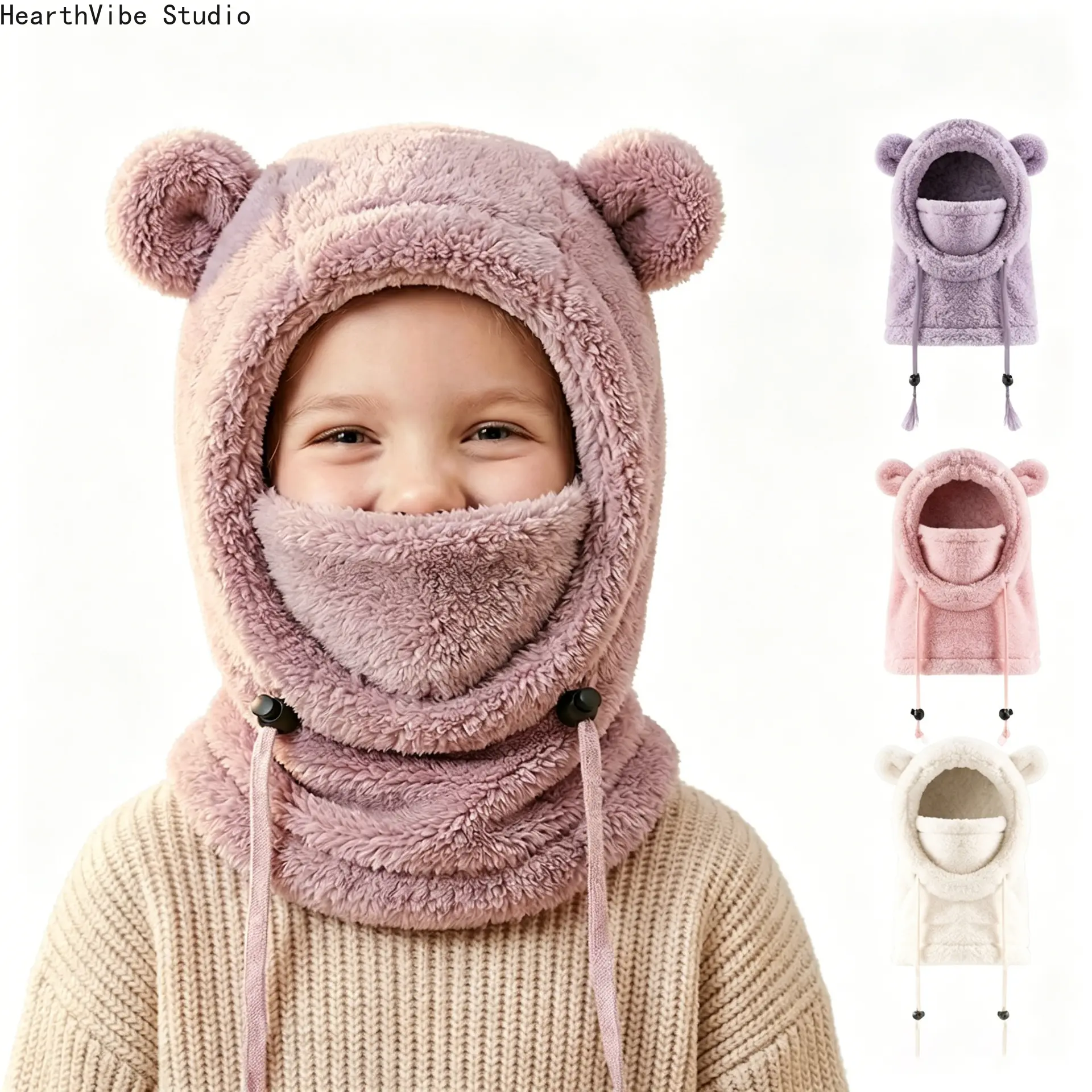 Cute Bear Ear  Balaclava Hat Fuzzy Fleece Winter Ski Mask Windproof Neck Warmer Adjustable Hood Thermal Knit Cap For Boys Girls Outdoor Snow Sports Wear Comfort Christmas Gift
