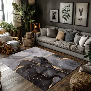 Dark Purple Gray Marble Golden Vein Crystal Velvet Light Luxury Living Room Anti Slip Area Rug #GoldenVeinMarbleRug #DarkToneLightLuxuryMat #CrystalVelvetCarpet #ModernHighEndSofaFloorMat