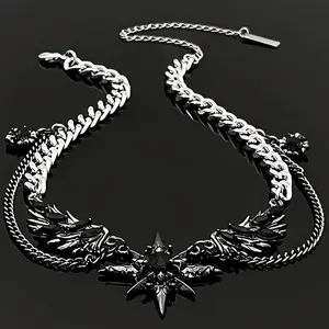 Gothic North Star & Wing Choker Necklace, Black Crystal Layered Chain Design, Punk Unisex Cuban Link Collarbone Jewelry, Stylish Streetwear Accessory for Men & Women