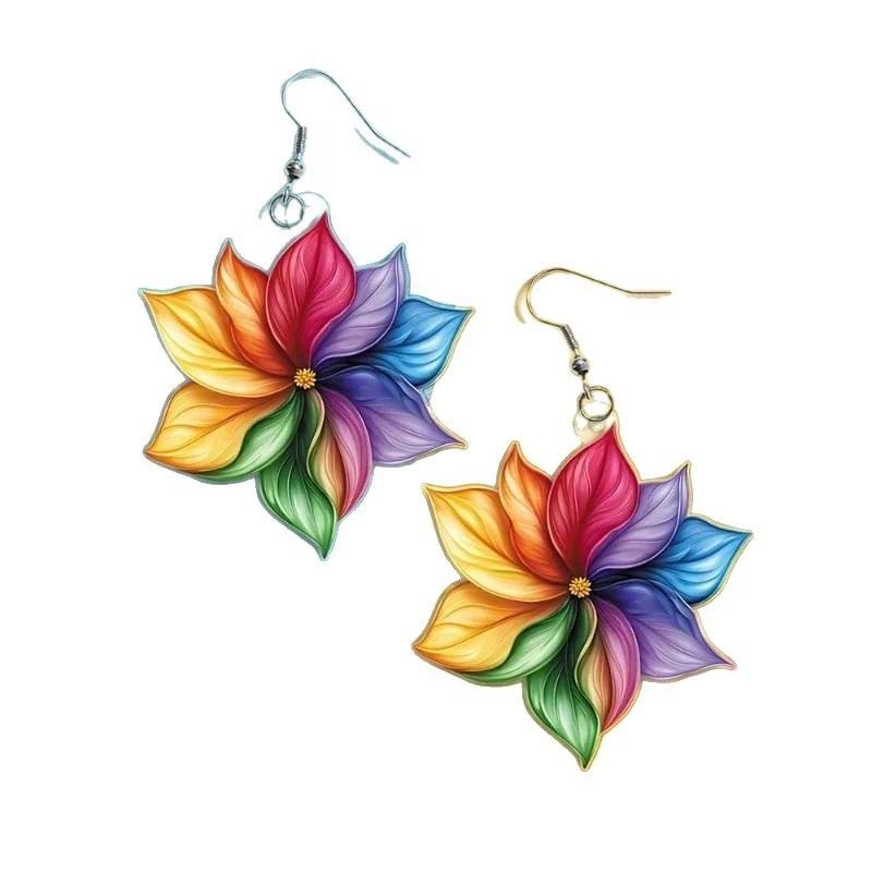 2D Flat Acrylic Creative Flower Pendant Earrings Party Jewelry Gifts Personalized Exaggerated Color Petal Oil Painting Style