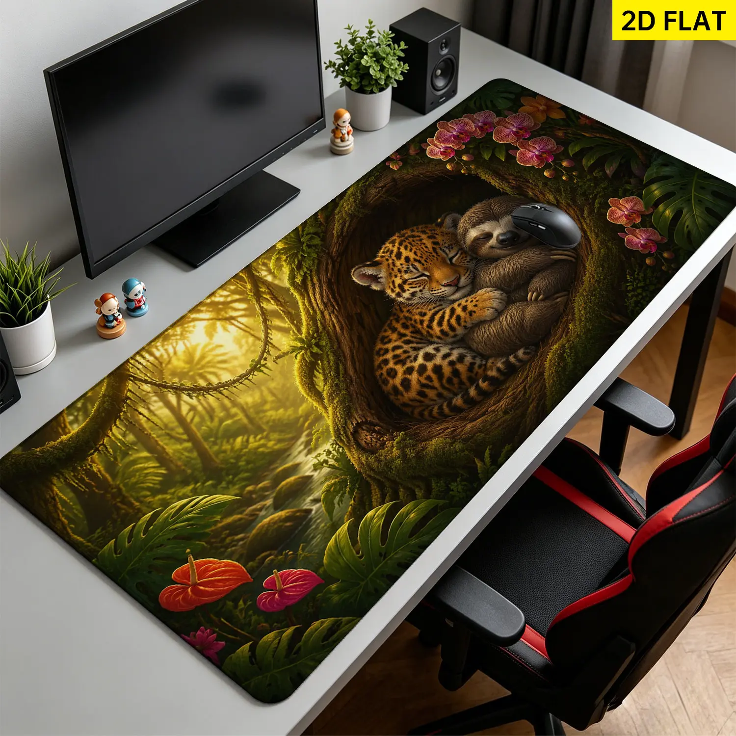 Extra Large rainforest leopard and sloth animal design Mouse Pad,Non Slip Rubber Pad,Desktop Decoration Drotection Pad,Washable,Lock Edge Multi Size,Premium Multipurpose Mousepad For Home,Office,Gift for Family and Friends