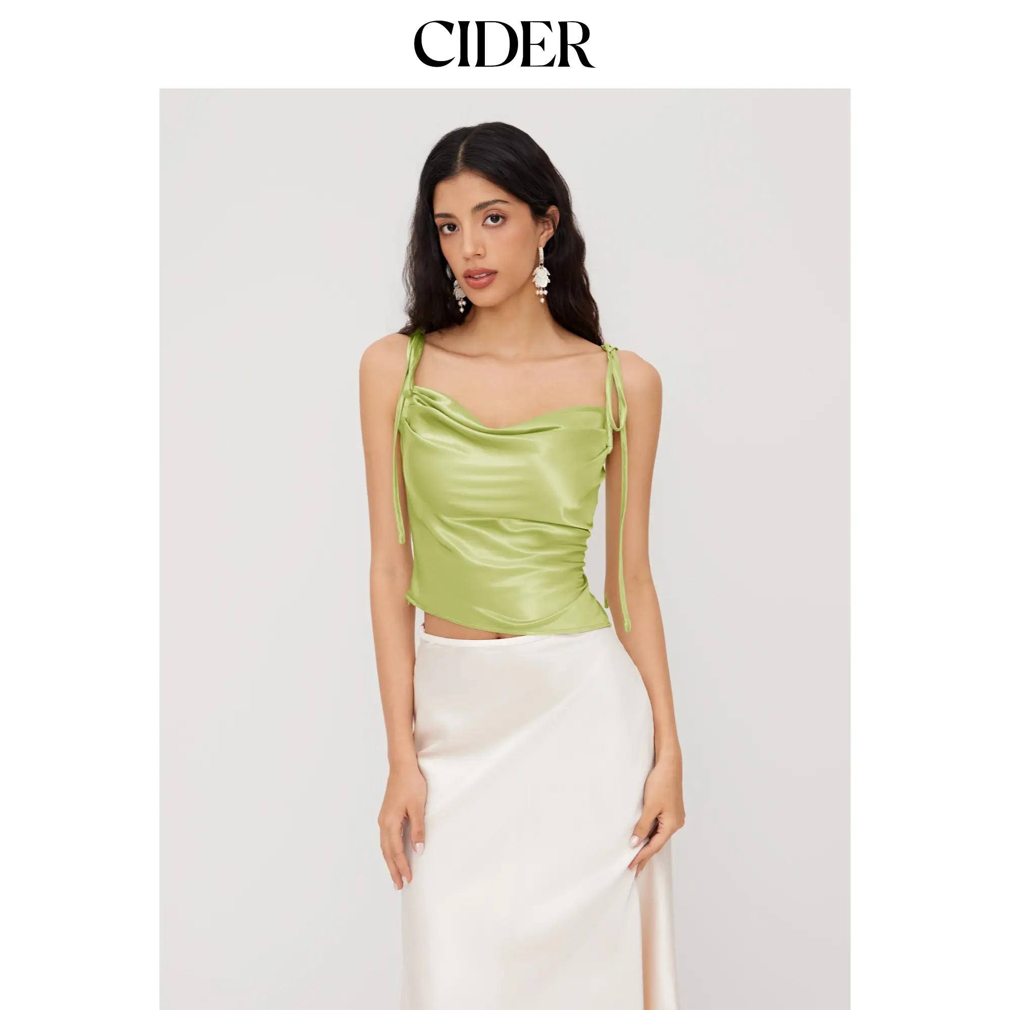 Cider Satin Cowl Neck Knotted Cami Top