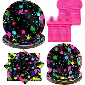 100 Pcs Neon Party Supplies Tableware for 20 Guests, Glow in The Dark Plates and Napkins Set, Disposable Colorful Graffiti, 80s 90s Theme Birthday Baby Shower Party Decorations