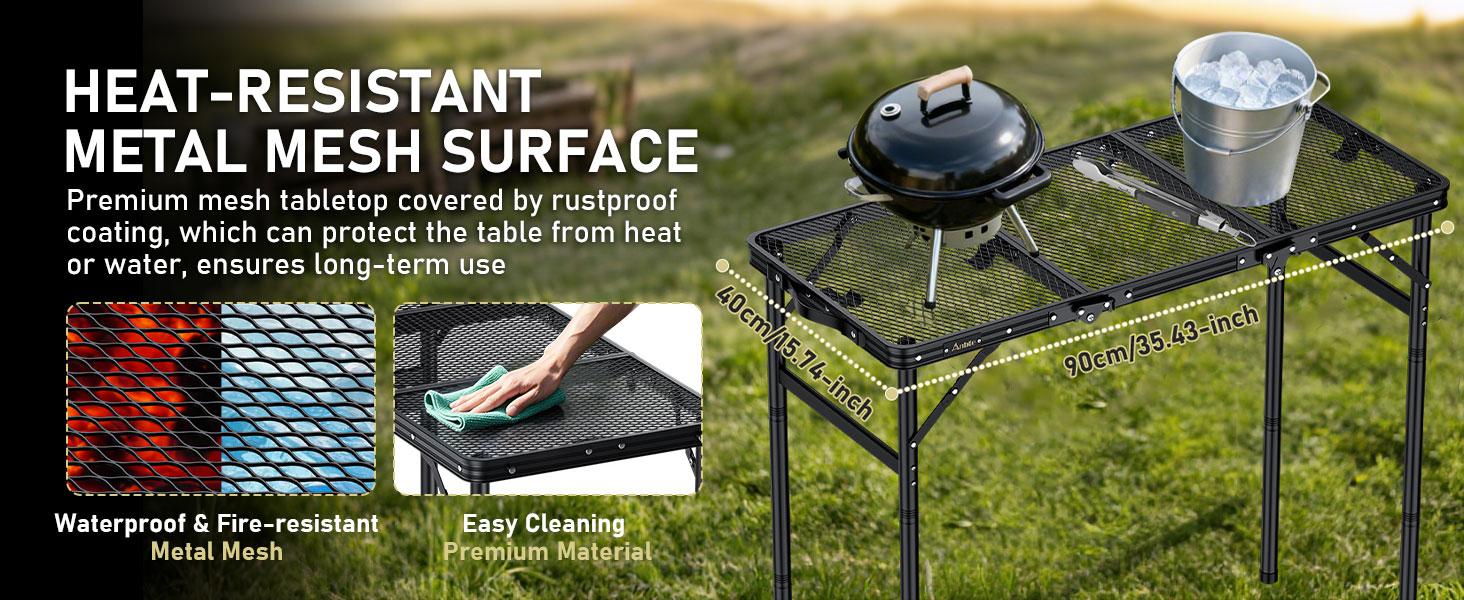 Anbte 3ft Tri-fold Grill Table, 2 Adjustable Heights Max 29.5" Sturdy Metal Grill Table with Storage Bag, Heat-Resistant Tabletop, Portable Handle for Cooking BBQ Outdoor Travel, 35" x 16", Black