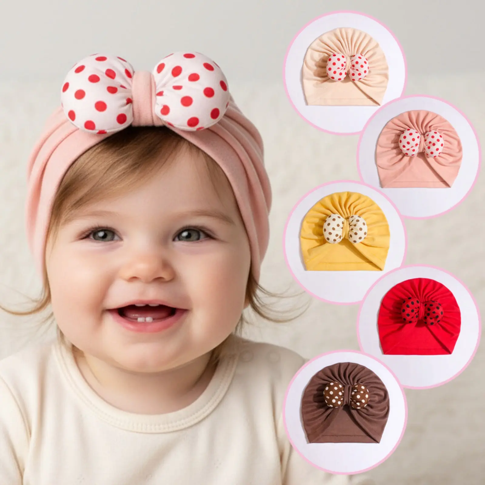 Unisex Turban Wrap Headband - Ruched Stretch, Polka Dot Padded Double Bow, Soft Skin-Friendly Elastic Fabric Hair Scarf, 6 Muted Neutral Tones, for Daily Wear & Outdoor Sports, Soft Fabric, Polka Dots, Turban Headband