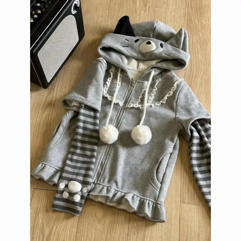 Japanese Harajuku Kawaii Long Sleeve Hoodie Women Cat Ears Sweet Sweatshirt Lace Striped Zipper Casual Cartoon 2025 Autumn