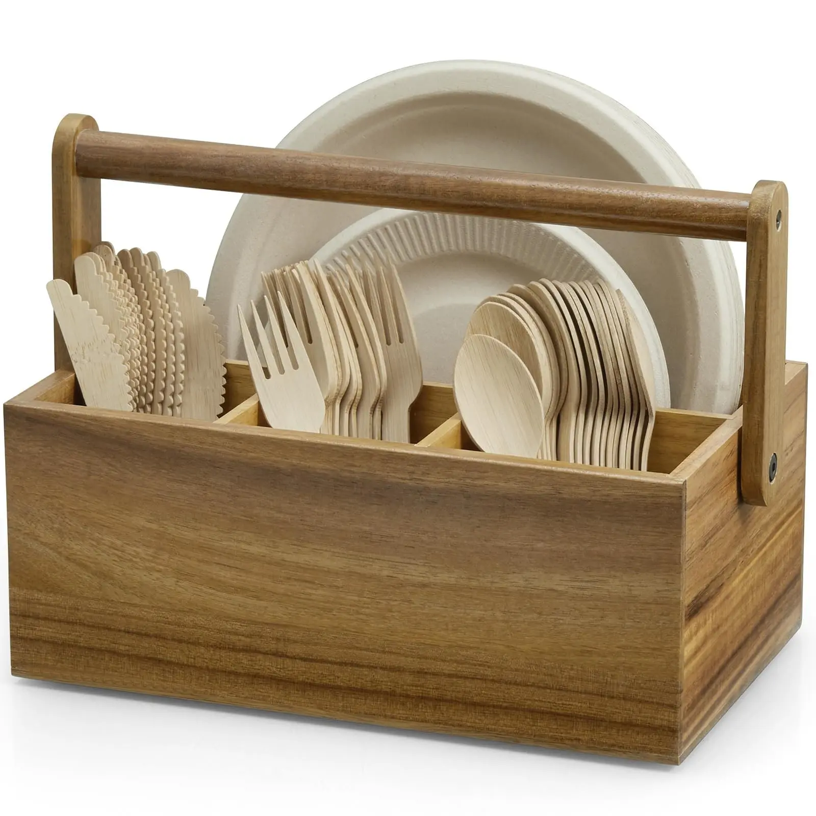 Silverware Caddy with Handle, Wooden Utensil Holder, Cutlery Organizer, Picnic Silverware Caddy for Party, Multi-Purpose Organizer for Kitchen, Office, Bathroom, Bedroom