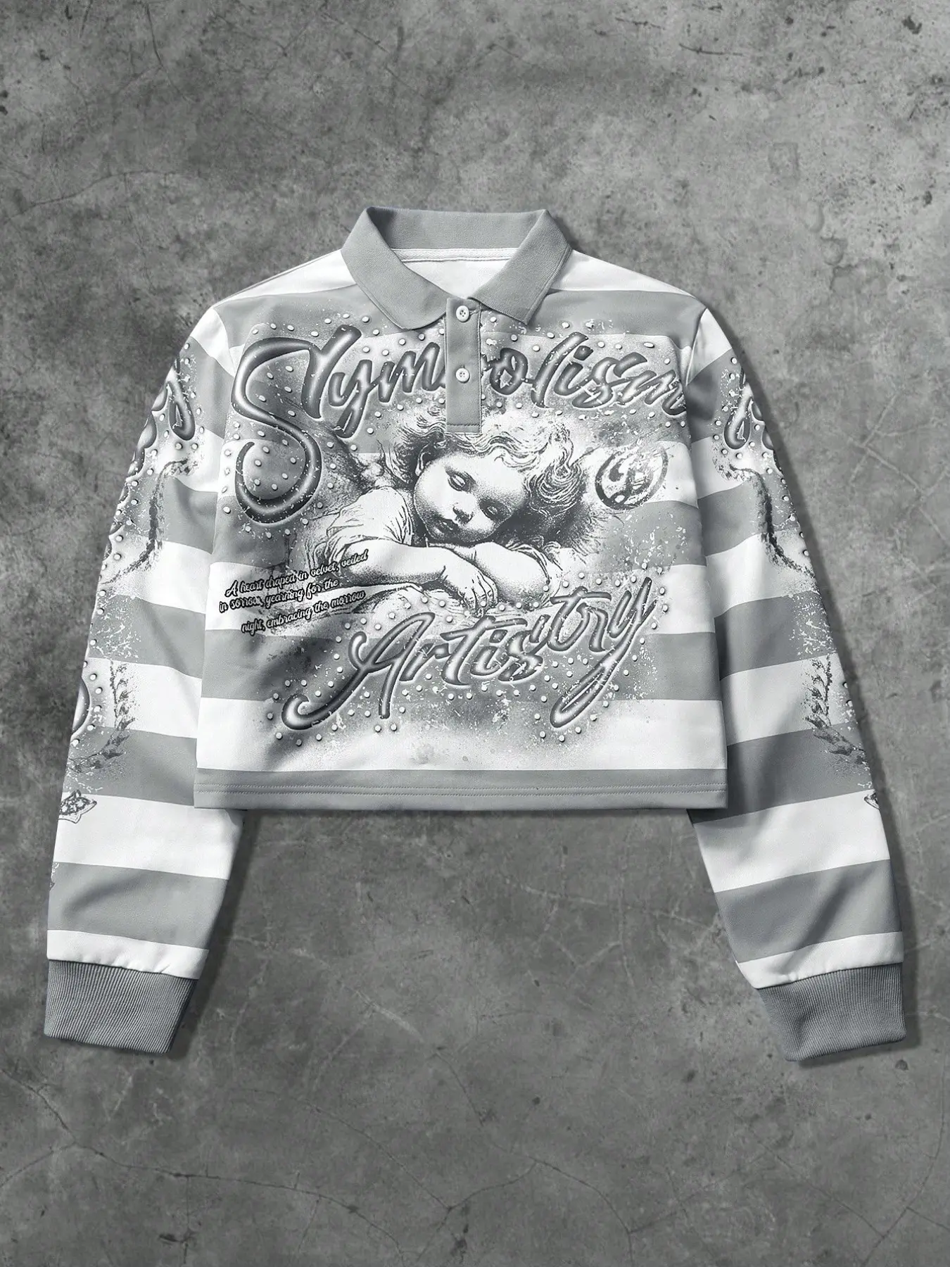 Vintage Retro Angel Print Striped Cropped Long Sleeve Shirt Rhinestone Decor Collared Longsleeve Top Soft Grunge Gothic Streetwear Boxy Cropped Top Men Festival Casual Style Street OOTD