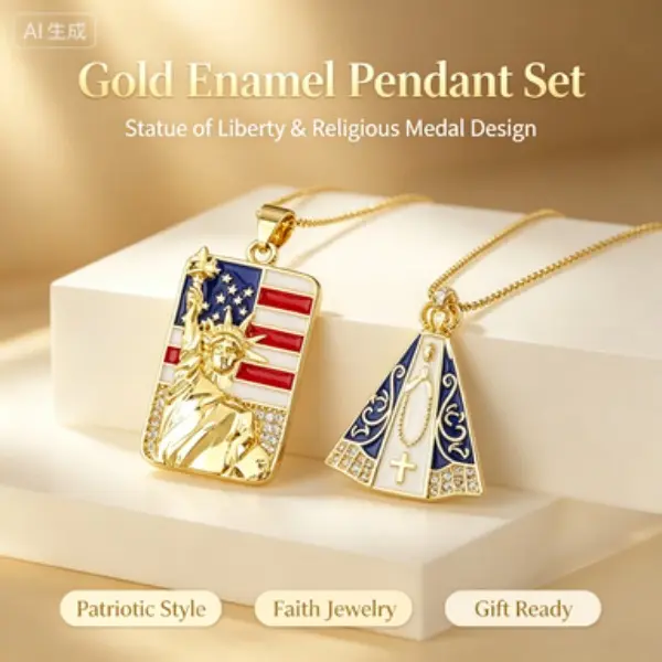 2PCS American & Religious Pendant Necklace Set, Gold-Plated Enamel Crystal Snake Chain, Hip Hop & Faith Jewelry For Men & Women
