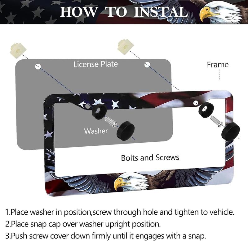 Eagle License Plate Frame Brackets - 2-Pack Patriotic Universal Aluminum Matte Stripe Design American Flag Gloss License Plate Frame Cover with Screw Fastener Cover Gift Car Accessories Truck - Vehicle