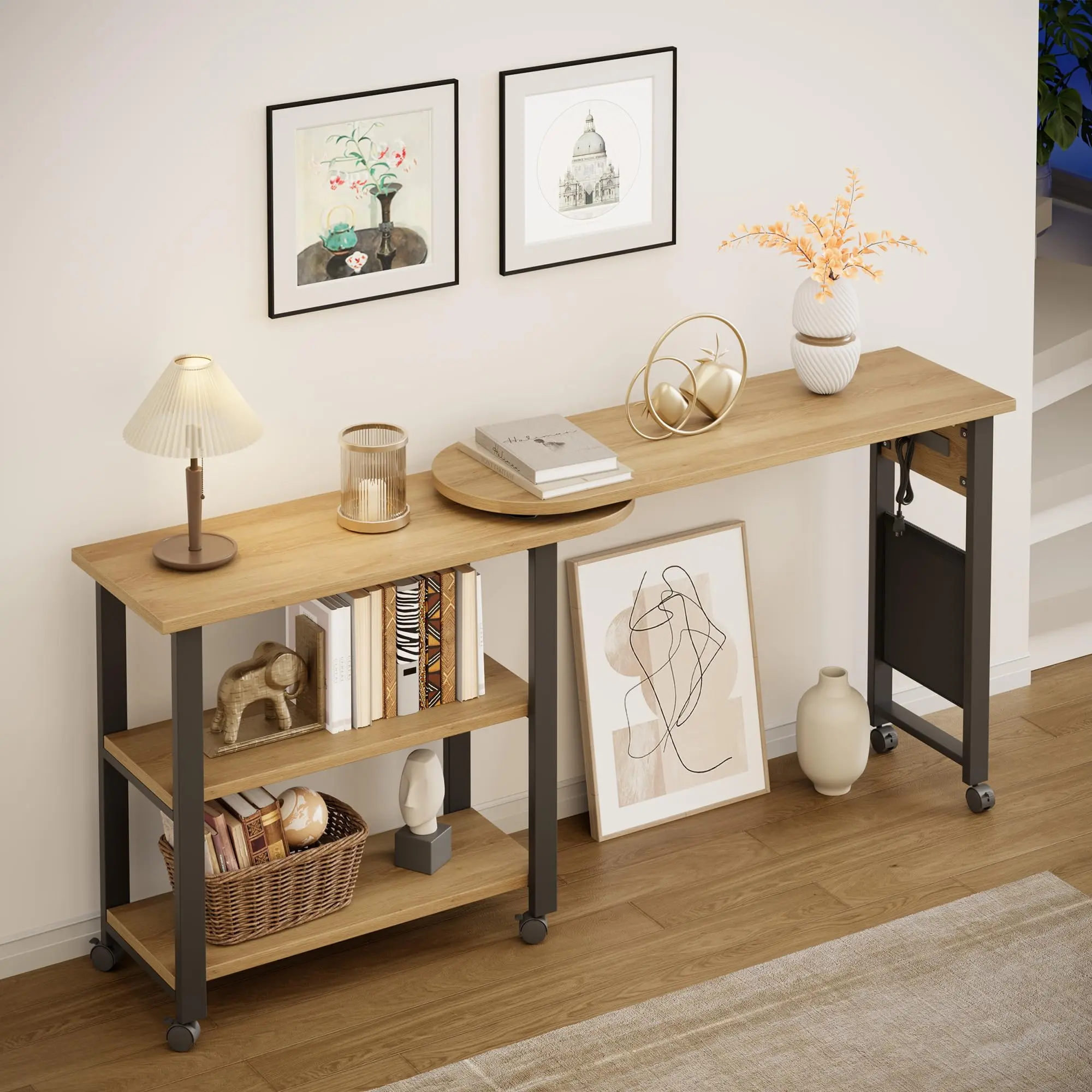 360° Rotatable Sofa Side End Table with Built-In Charging Station, Mobile Design with 6 Lockable Casters, 2-Tier Storage Space and Convenient Side Storage Pocket, Multi-Purpose Accent Table for Living Room, Bedroom & Office