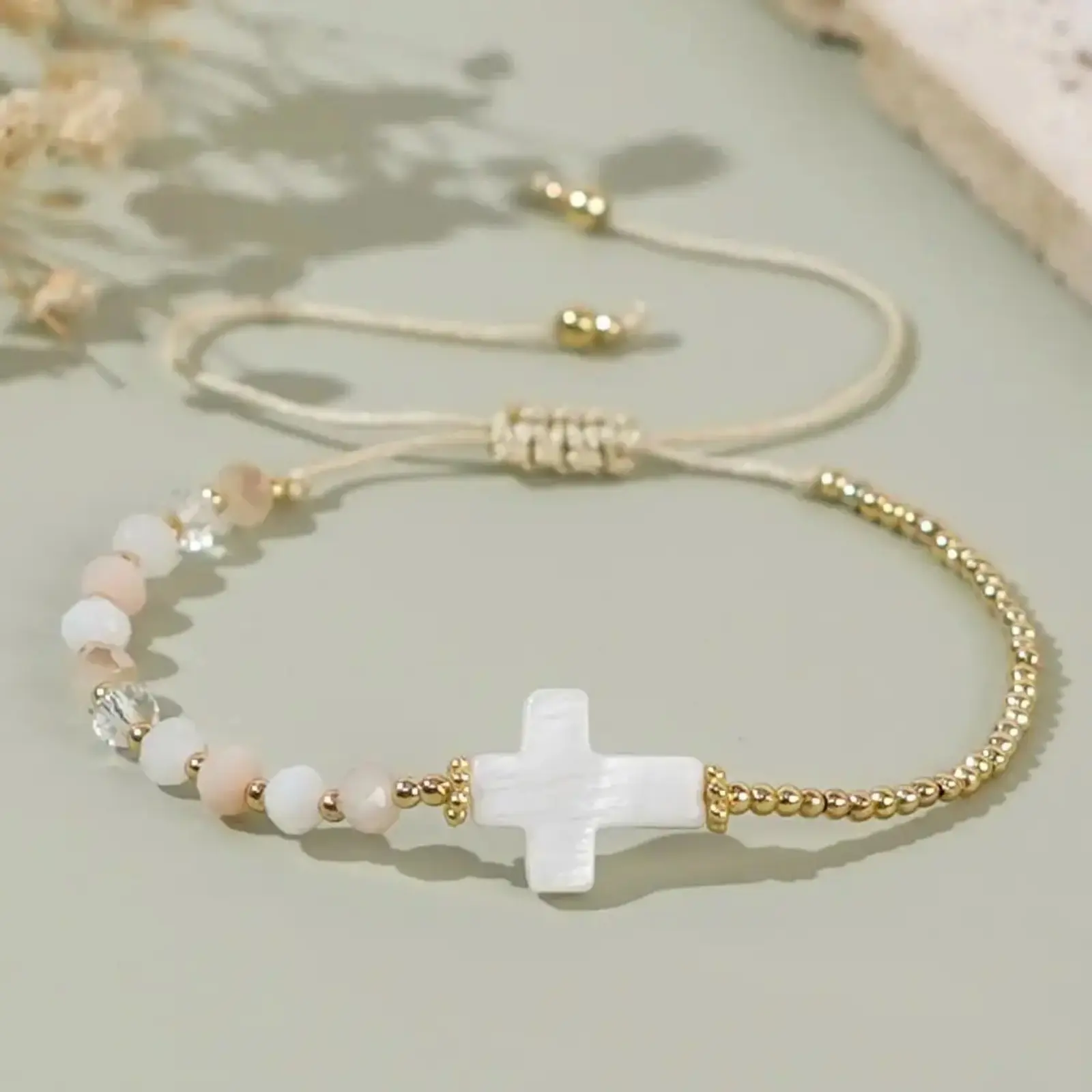 Women's Vintage Handmade Boho Cross-Braided Bracelet - Adjustable White Cord Chain, Classic Gold-Tone Beads, Dainty Versatile Jewelry Gift for Her