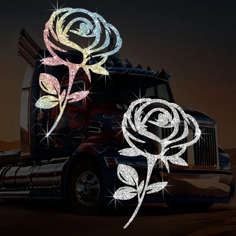 Glitter Rose Waterproof Self-Adhesive Vinyl Car Window Decals, Floral Graphic Truck Body Stickers for Women's Vehicle Decor
