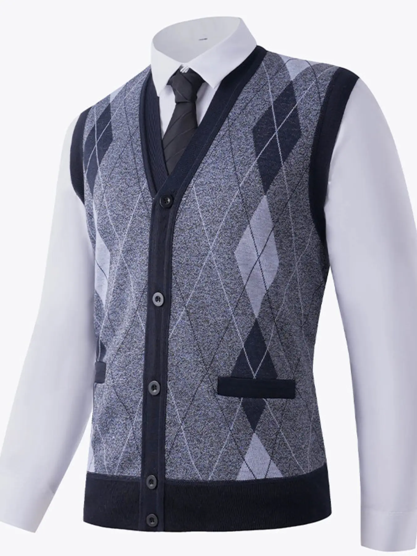 Men’s Sleeveless Knit Cardigan Vest, Classic Argyle Diamond Pattern V‑Neck Button Up Sweater Waistcoat, Warm Layering Vest For Business Casual Autumn Winter Outfits
