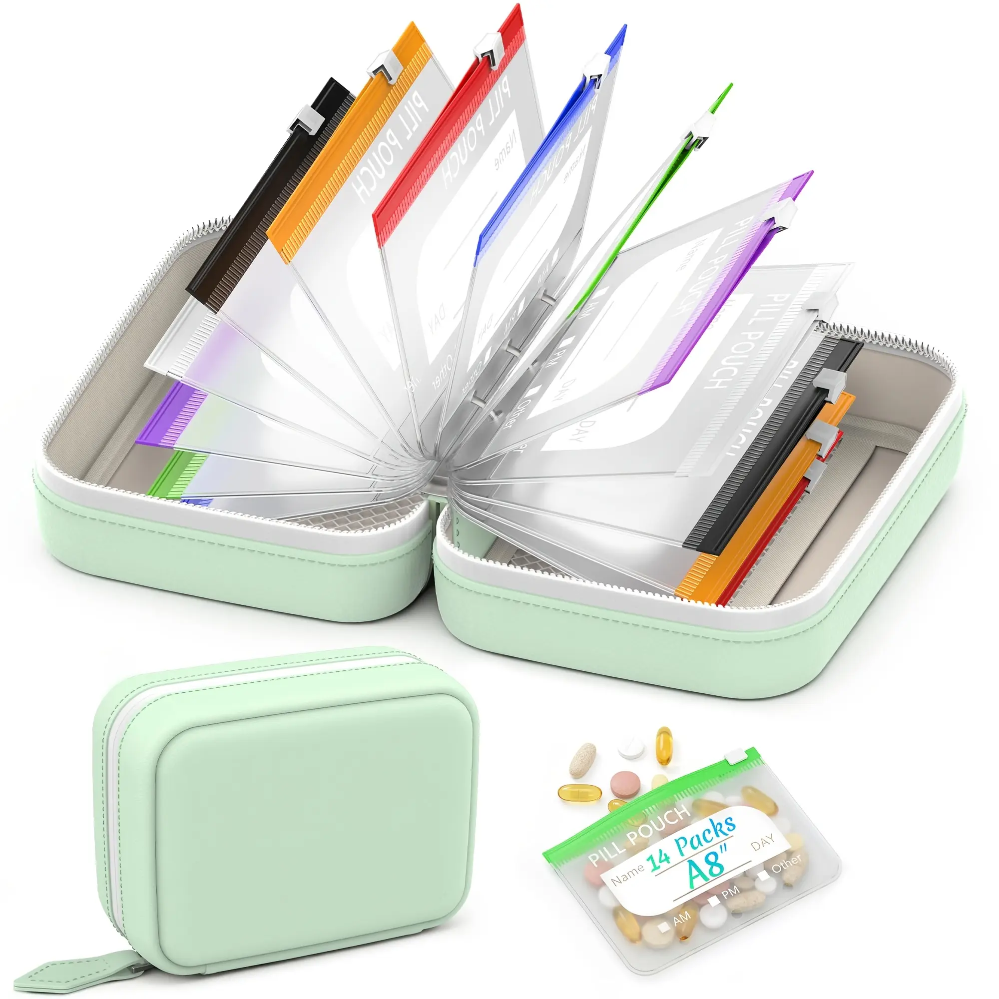 A8 Waterproof Storage Pouch Set, Travel-Specific Pill Organizer, Includes 14 Color-Coded Pouches | Large Weekly Pill Organizer, Reusable Portable Pill Organizer, Zipper Pill Pouches, Ideal for Storing Fish Oil and Vitamins