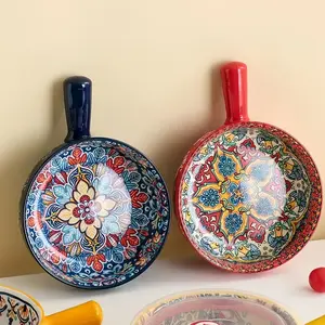 Boho Style Ceramic Salad Serving Bowls with Handle, 2 Counts/set Colorful Flower Pattern Bowl, Microwave & Oven Safe Bowl for Home Baking & Serving, Dinnerware