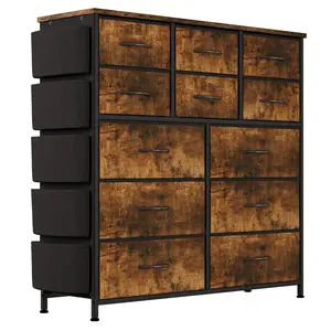 12 Drawer Fabric Dresser Storage Cabinet Wide Clothes Chest Of Drawers Tall Bedroom Storage Organizer Unit With Side Pockets Hooks Wood Tabletop X Rack Heavy Duty For Closet Living Room Entryway Kids Playroom Dorm Office Rustic Brown Grey