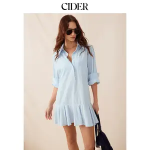 Cider Striped Mid Rise Pleated Knotted Mini Shirt Dress Dealsforyou