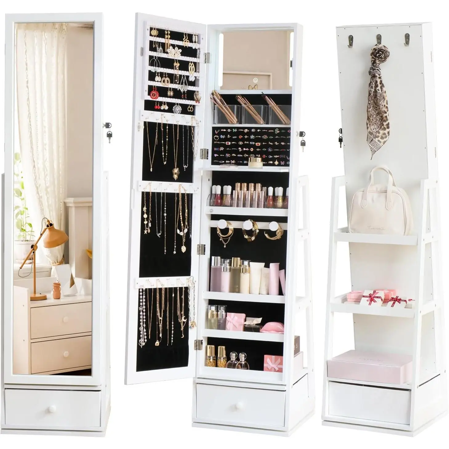 Rotatable Full Length Mirror  Cabinet Standing With -In Mirror - 63.7”H Lockable  Armoire With Mirror Drawers and 3 Storage Racks Christmas  for Wife White
