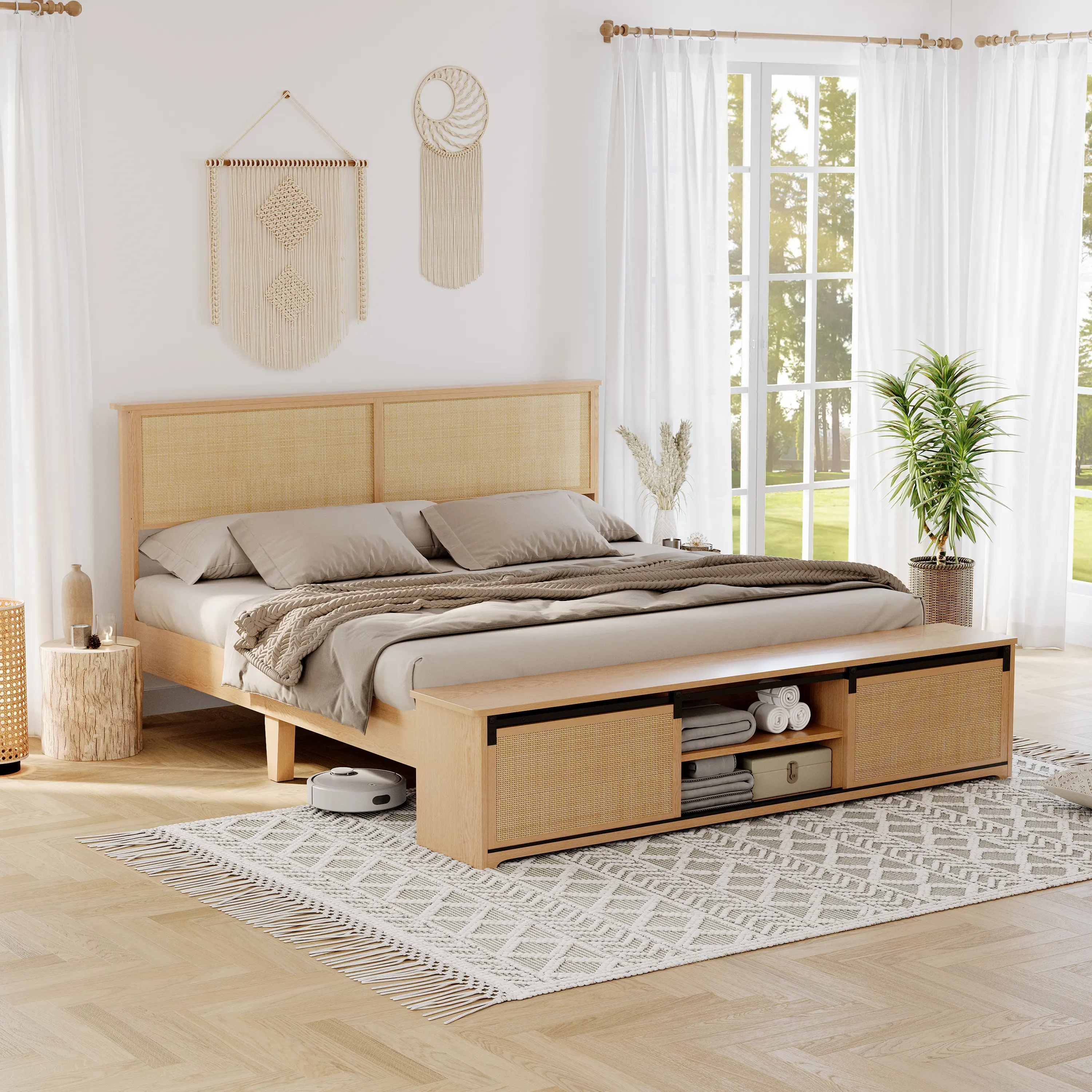 Boho Farmhouse Rattan Bed Frame – Full/Queen Platform with Sliding Barn Door Cabinets, LED Headboard, Sturdy Wood Legs, Bedroom Furniture, No Box Breeze Needed